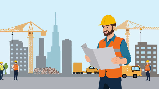 Civil Engineer Inspecting Building Construction Site Vector Illustration