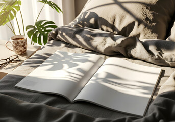 Interior Decor Magazine Mockup on Cozy Linen Bed Beside Green Plant and Window Light, Soft Morning Atmosphere