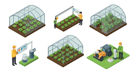 Modern isometric greenhouse farming with agricultural technology and hydroponics