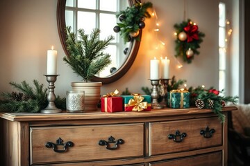 Elegant Christmas gifts on rustic dresser create cozy mood