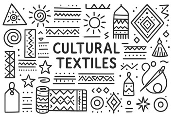 Fototapeta premium Tribal Textile Icons. Cultural textiles. Hand-drawn doodle illustration cultural textiles tribal patterns, zigzag, dots, spirals, fabric roll, geometric