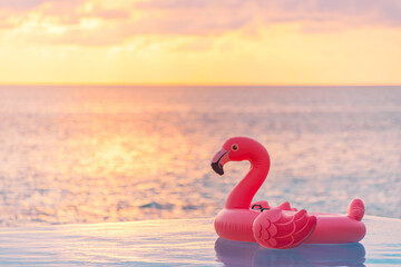 Best Top Perfect Outdoor Infinity Swimming Pool Background Colorful Sea Sky Clouds Pink Floating Flamingo Poolside Decoration Popular Inspire Summer Vacation Beach Holiday Design Concept Luxury Resort