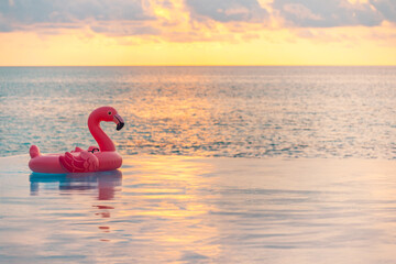 Best Top Perfect Outdoor Infinity Swimming Pool Background Colorful Sea Sky Clouds Pink Floating Flamingo Poolside Decoration Popular Inspire Summer Vacation Beach Holiday Design Concept Luxury Resort