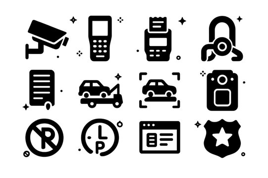 Smart Parking Tools Icons. Smart parking enforcement. Solid icons set of Smart parking enforcement: ANPR camera, handheld device, ticket printer, boot clamp,