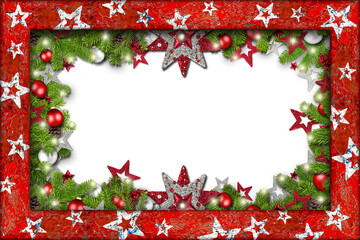 xmas christmas empty frame  red dark wood background with decorated fir branches and copy space