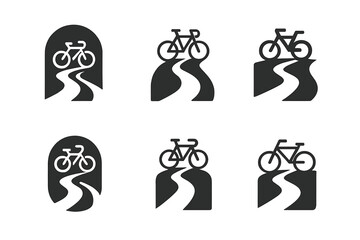 Obraz premium Rural Cycling Logos. Rural cycling path. Set Logo of Rural cycling path: bicycle on country lane. harmonious logo variations of the same emblematic concept,