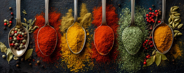A row of spoons holds brightly colored powdered spices and seeds (paprika, turmeric, leafy greens, pepper, cumin, fennel), a rich and colorful scene perfect for culinary, seasoning, and food industry