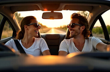 Excited playful European couple in sunglasses driving luxury car, enjoying music, singing and smiling, spouses going on vacation, windshield view