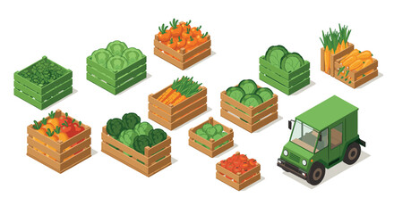 Isometric farm truck and wooden crates with fresh vegetables