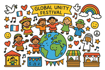 Global Unity Celebration. Global unity festival. Colorful Hand-drawn doodle Children illustration Global unity festival Earth globe, people in costumes, flags,