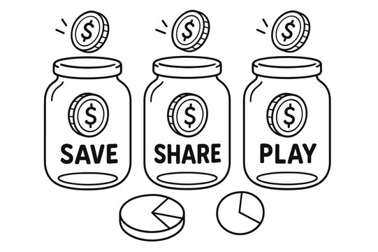 Tokenomics Coloring Fun. Tokenomics for kids children?s coloring book illustration, outlined drawing, three jars labeled ?Save,? ?Share,? and ?Play? with coin