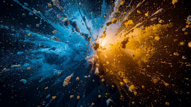 Dynamic explosion of blue and orange powder particles colliding in motion creating energetic abstract visual burst with vivid color contrast