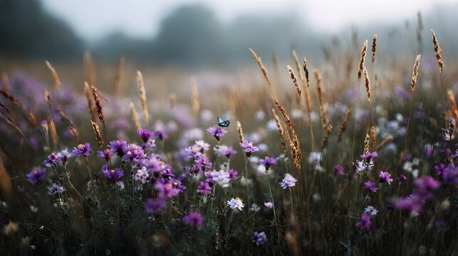 A delicate blue butterfly rests on a vibrant purple wildflower in a serene meadow bathed in soft natural light