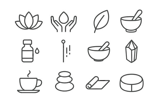 Alternative Therapy Icons. Alternative therapy. Line icon set of alternative therapy: lotus, caring hands, leaf, mortar and pestle, essential oil bottle,