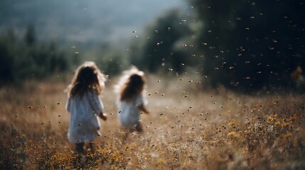 Two young children in a sunlit meadow with a swarm of bees buzzing around them