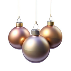 Three shimmering metallic christmas ornaments hang suspended on transparent background