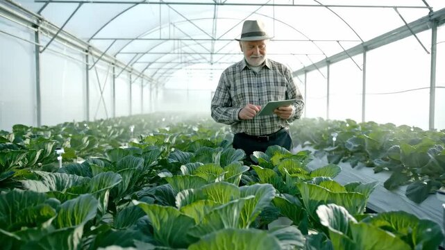 Elderly man inspecting cabbage plants while standing in greenhouse  