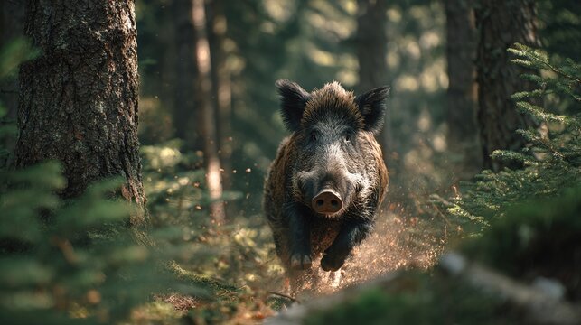 ferocity. A wild boar charging through dense forest undergrowth, its tusks scraping against tree bark in dappled sunlight. wildlife magazines.