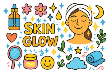 Radiant Skincare Doodles. Skin Glow. Colorful Hand-drawn doodle Children illustration Skin Glow radiant face, sparkle, serum bottle, cream jar, droplet,
