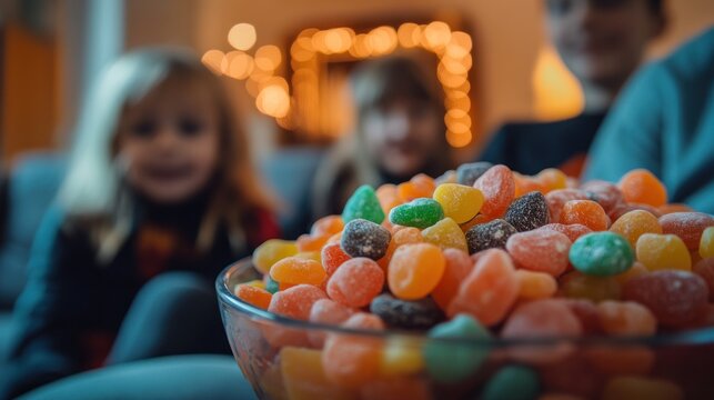 Sweet Colorful Gummy Candies in Glass Bowl during Family Movie Night