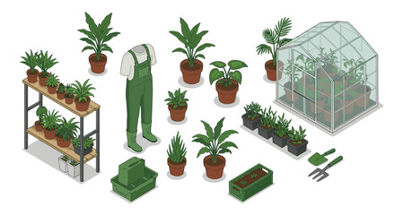 Fototapeta premium Greenhouse gardening essentials isometric tools, plants, and equipment for urban horticulture enthusiasts