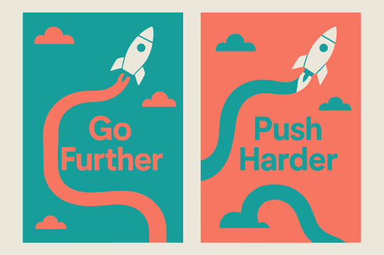 Go Further Banners. Go further. Two vertical A6 banners with safe margins, centered composition, no elements touching edges, modern, turquoise and coral,