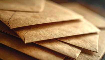 Stack of Aged Brown Paper Envelopes with Textured Surface and Visible Edges in Soft Natural Lighting