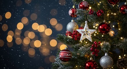 Festive Christmas tree adorned with shiny ornaments and bokeh