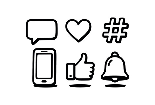 minimal black and white doodle illustration of social media set including chat bubble heart hashtag smartphone like button and notification bell bold black outline simple details strong