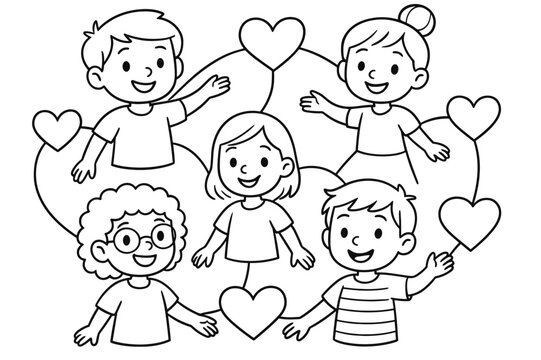 Children's Friendship Coloring. Non-monogamous friendship network children?s coloring book illustration, outlined drawing, happy group connected by heart