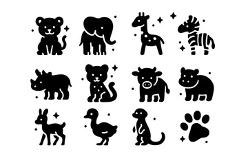 Obraz premium Savanna Baby Animals Icons. Young Animals of the Savanna. Solid icons set of Young Animals of the Savanna: lion cub, baby elephant, giraffe calf, zebra foal,