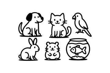 Naklejka premium minimal black and white doodle illustration of domestic animals set including dog cat rabbit hamster parrot and fish bold black outline simple details strong shadow effect isolated on white