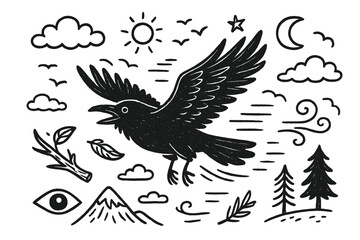 Obraz premium Raven's Soaring Journey. Raven flight. Hand-drawn doodle illustration Raven flight wings spread, feather trail, sky, clouds, mountain, branch, flock of birds,