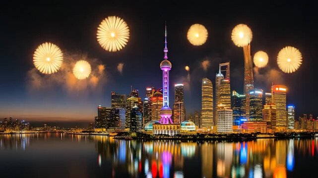 Shanghai Skyline at Night with Pudong Oriental Pearl Tower and Skyscrapers Reflected in Water