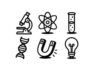 minimal black and white doodle illustration of science set including microscope atom test tube dna strand magnet and light bulb bold black outline simple details strong shadow effect
