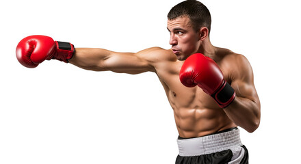3d icon of boxer throwing a punch isolated on transparent background, muscular man in boxing gloves in action