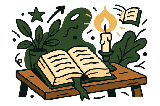 Antique Reading Nook. Antique Books ? Reading Nook. An open book rests on a wooden table; candlelight curves across the pages. A bookmark ribbon flows like a