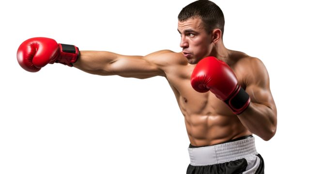 3d icon of boxer throwing a punch isolated on transparent background, muscular man in boxing gloves in action