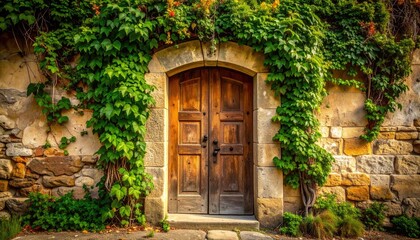 Rustic Wooden Double Door Set in Ancient Stone Wall Covered with Vibrant Green Ivy and Orange Flowers