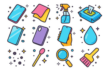 Phone Hygiene Essentials. Phone hygiene. Colorful isometric vector icons set of phone hygiene: smartphone, microfiber cloth, cleaning spray, disinfecting