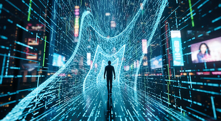 Man walking through futuristic digital city with flowing data