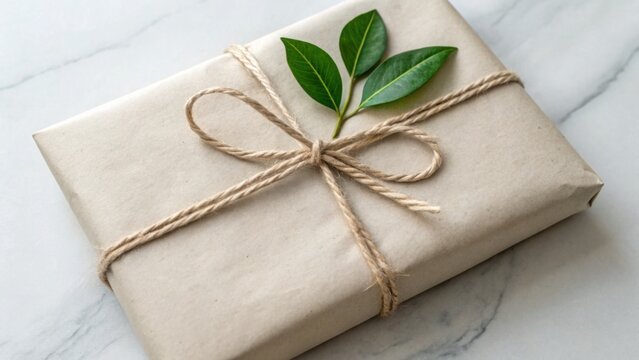 Eco-friendly Parcel Tied with String and Fresh Green Leaves