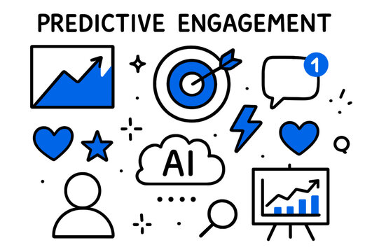 Predictive Engagement Doodle. // Predictive engagement. Hand-drawn doodle illustration Predictive engagement [graph forecast (accented), target (accented),