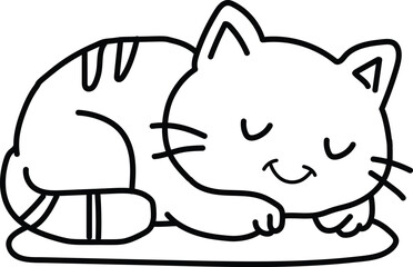 Simple black and white line art illustration of a cute happy sleeping cat or kitten isolated PNG with Transparent Background