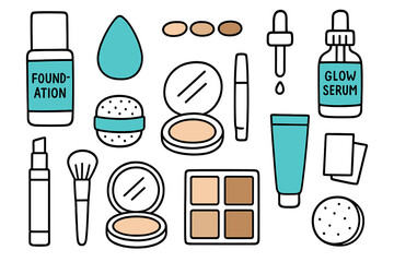 Fototapeta premium Makeup Essentials Doodle Icons. Foundation and skin tone. Hand-drawn doodle illustration foundation and skin tone foundation bottle (accented), sponge blender