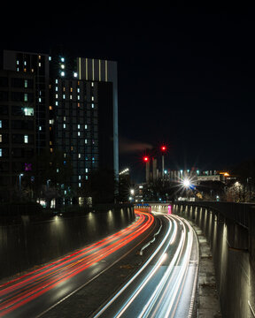 Urban Motion and Light Trails, Leeds Night Highway Scene, West Yorkshire