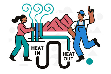 Obraz premium Geothermal Plant Artistry. Geothermal Plant Loop. Steam plumes rise in tidy curls; cutaway pipes dive down and return with a ?Heat In / Heat Out? label.