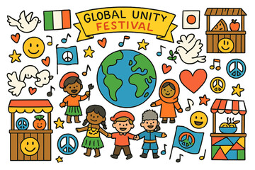 Fototapeta premium Global Unity Celebration. Global unity festival. Colorful Hand-drawn doodle Children illustration Global unity festival Earth globe, people in costumes, flags,