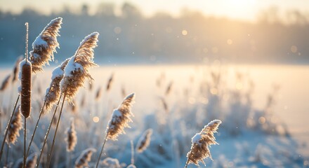 Naklejka premium Winter reeds covered in snow with sunlight