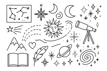 Cosmic Doodle Art. Star maps and cosmic art. Hand-drawn doodle illustration Star maps and cosmic art constellation grid, compass rose, telescope, starburst,